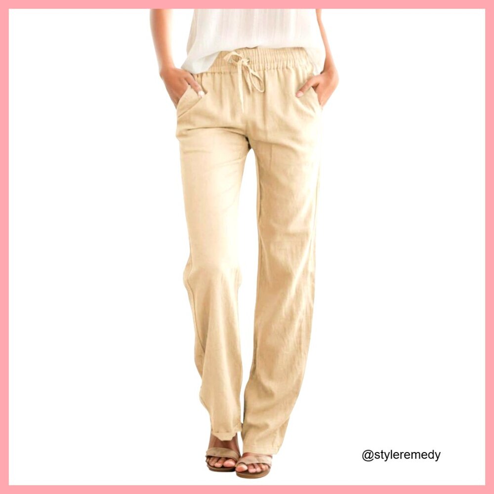 Linen High Waist Casual Pants with Drawstring and Side Pockets